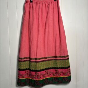 Red White Striped Seersucker Embroidered Floral Paisley Maxi Skirt Mixed Pattern